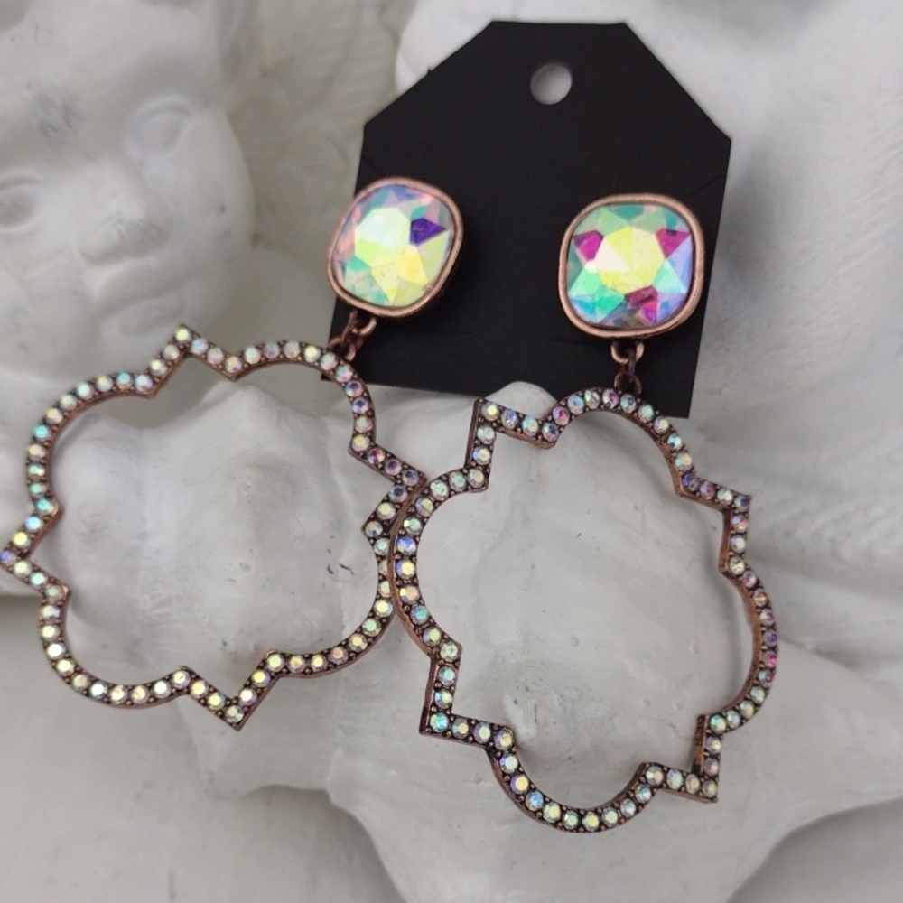 Iridescent Crystal Post Drop Rhinestone Fanciful Hoop Earrings - Multicolor
